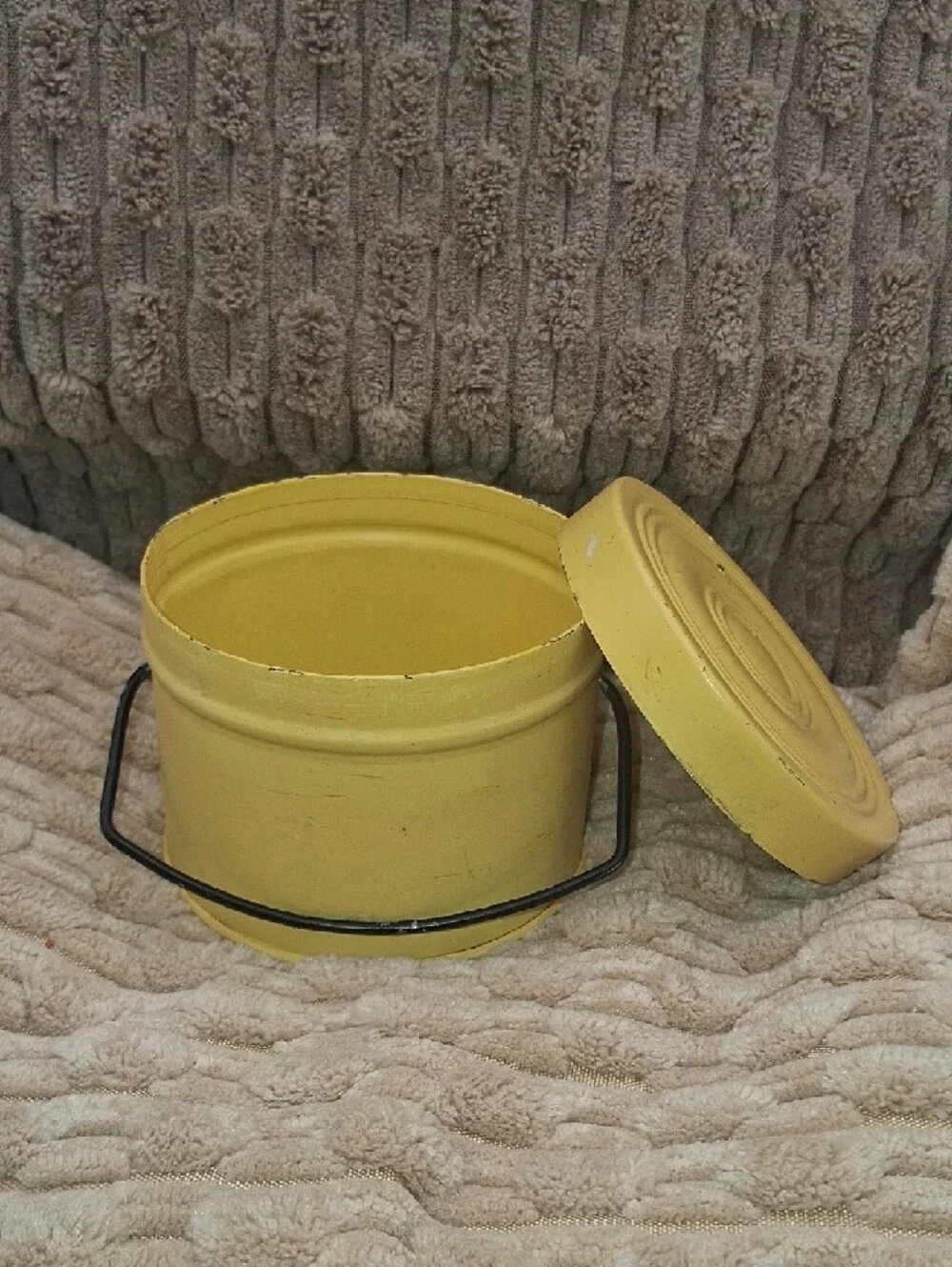 Vintage Decorative Yellow and Green Metal Storage Tins with Handles